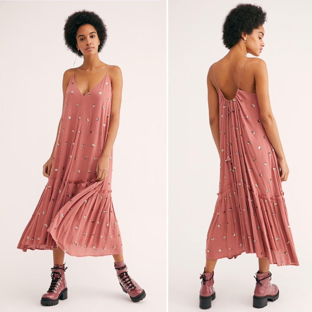 Free People Pink Milky Way Silver Sequin Midi Dress